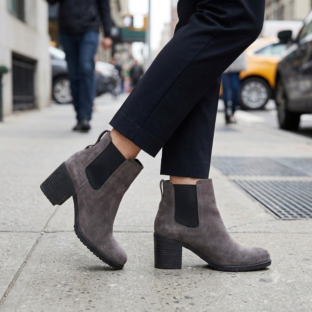 Sam Edelman Hanley Dark Grey Suede Block Heel Chelsea Ankle Boots Womens 8.5 M
